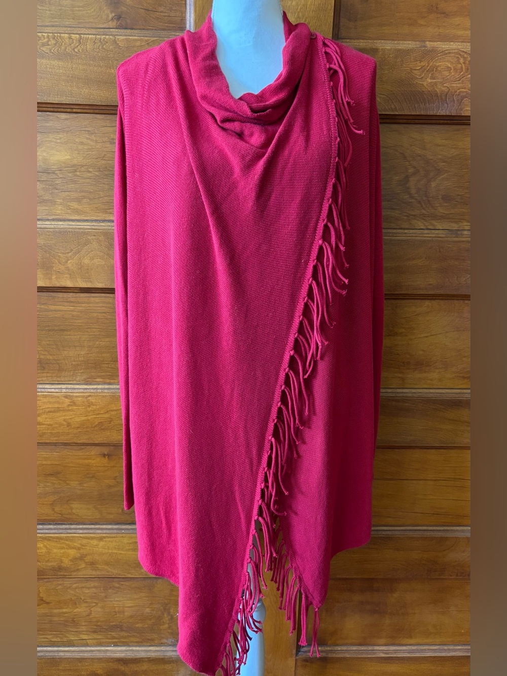 Chico's Red Fringe Draped Poncho Sweater